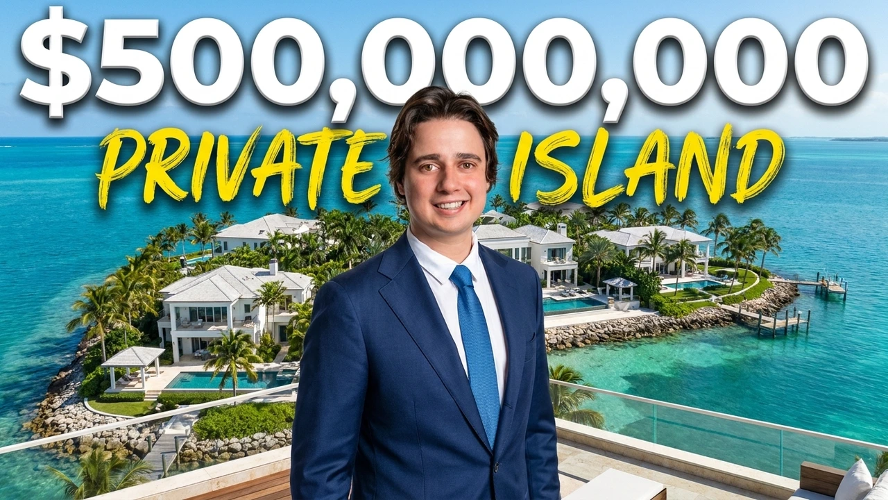 Finished private-island thumbnail placing the same creator into a new scene