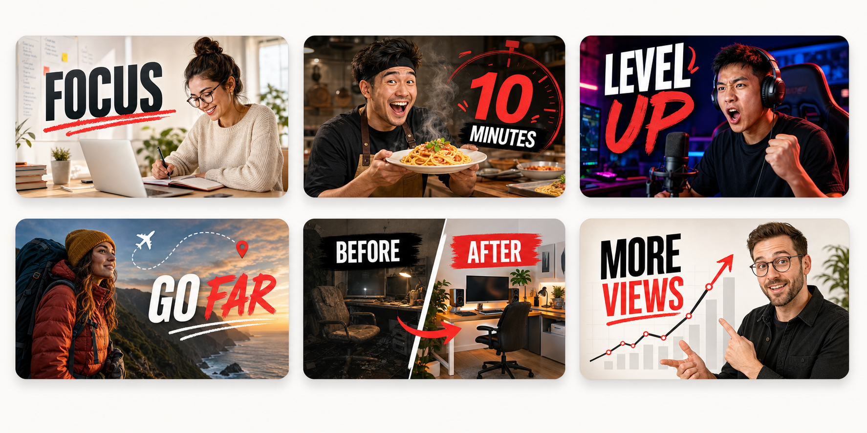 A collection of thumbnail concepts using different subjects, text, and compositions